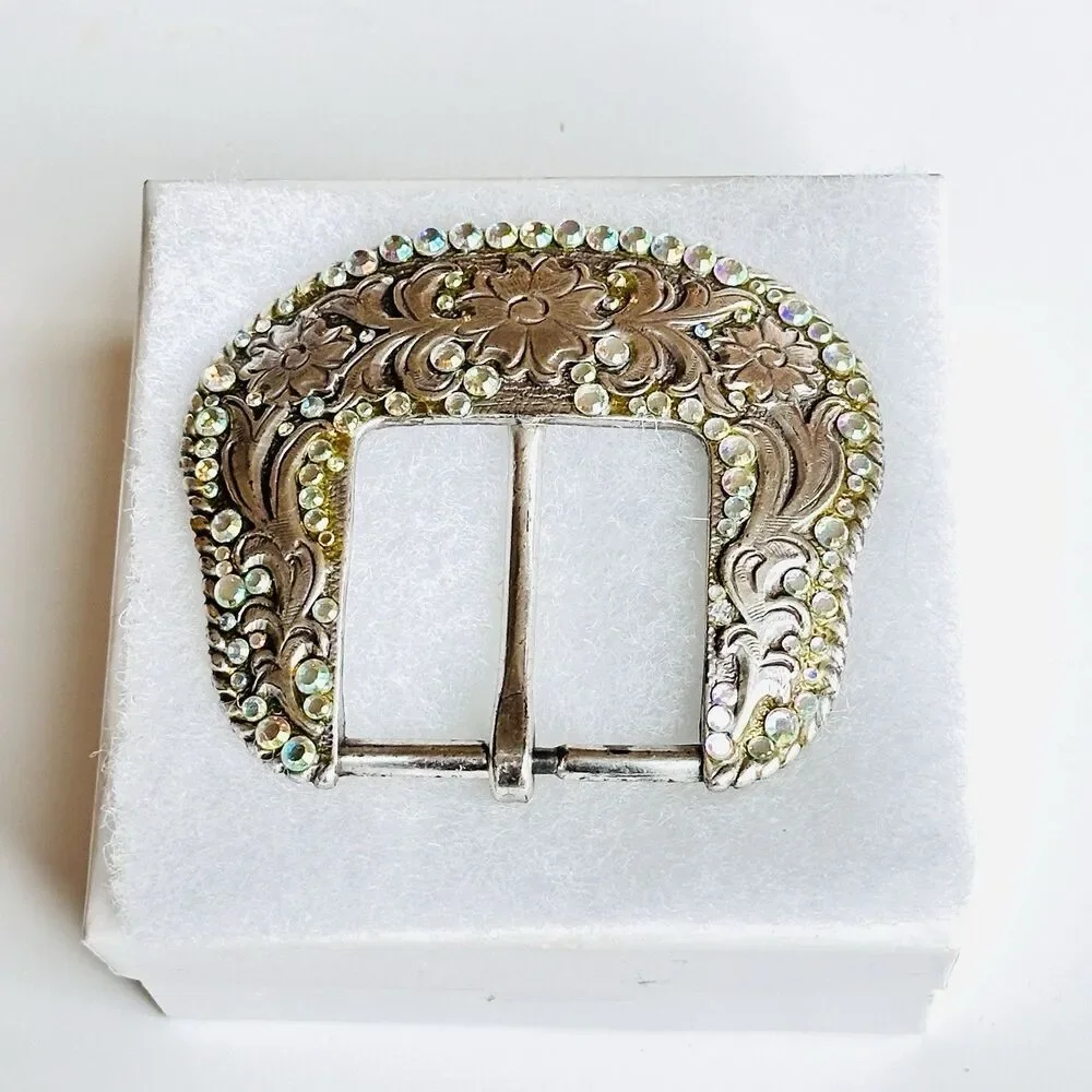 Western Belt Buckle Iridescent Aurora Borealis Rhinestones Y2K 90s Vintage Rodeo